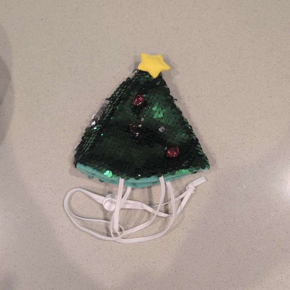 Festive Green Sequin Christmas Tree Hat for Small Dog